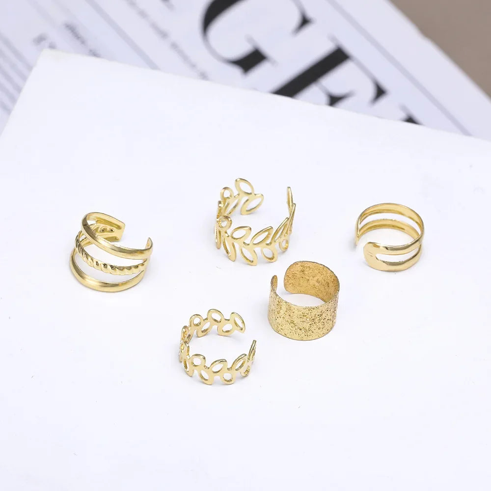5pcs;Silver Color Leaves Clip Earrings for Women Men Creative Simple C Ear Cuff Non-Piercing Ear Ear Clip Set Trend Jewelry Gift