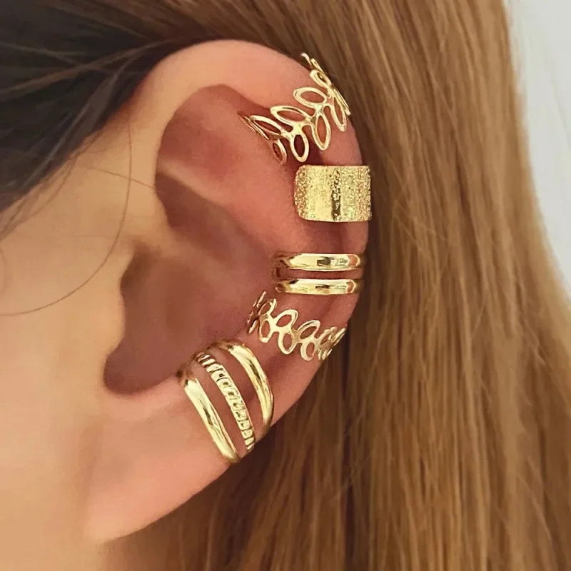 5pcs;Silver Color Leaves Clip Earrings for Women Men Creative Simple C Ear Cuff Non-Piercing Ear Ear Clip Set Trend Jewelry Gift