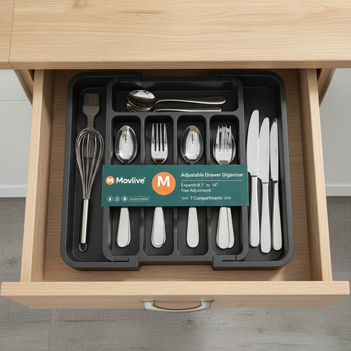 Movlive® 7-Compartment Silverware Organizer - Kitchen Drawer Storage Tray